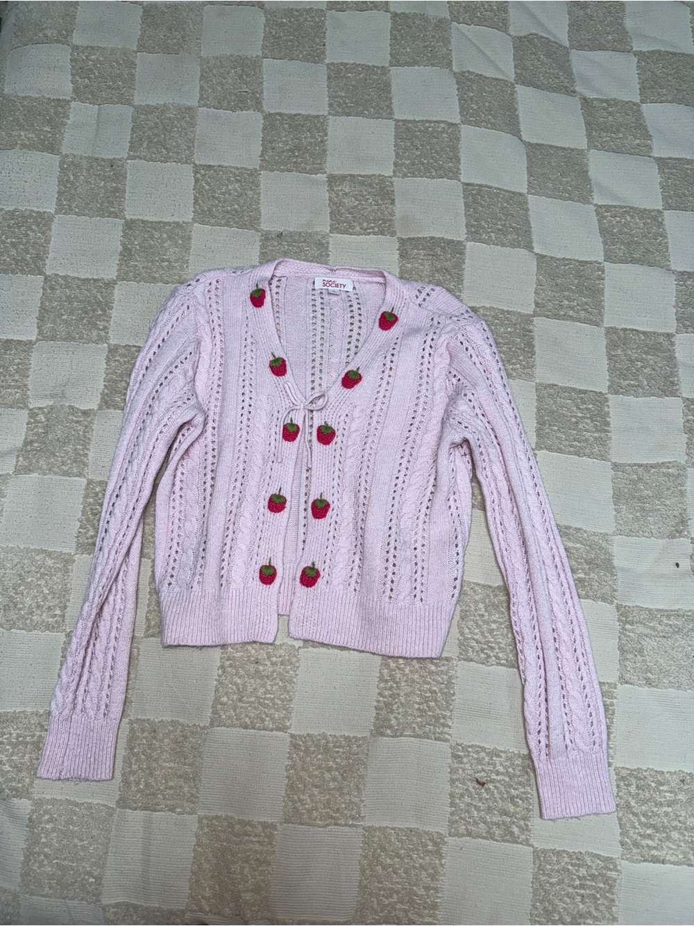 Mini‎ Society Light Pink Openwork Knit Cardigan with Strawberries L